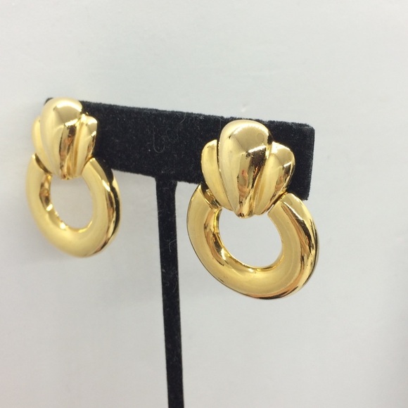 VINTAGE 80S DOOR KNOCKER CLIP ON HOOP EARRINGS GOLD TONE RUNWAY - Picture 4 of 12